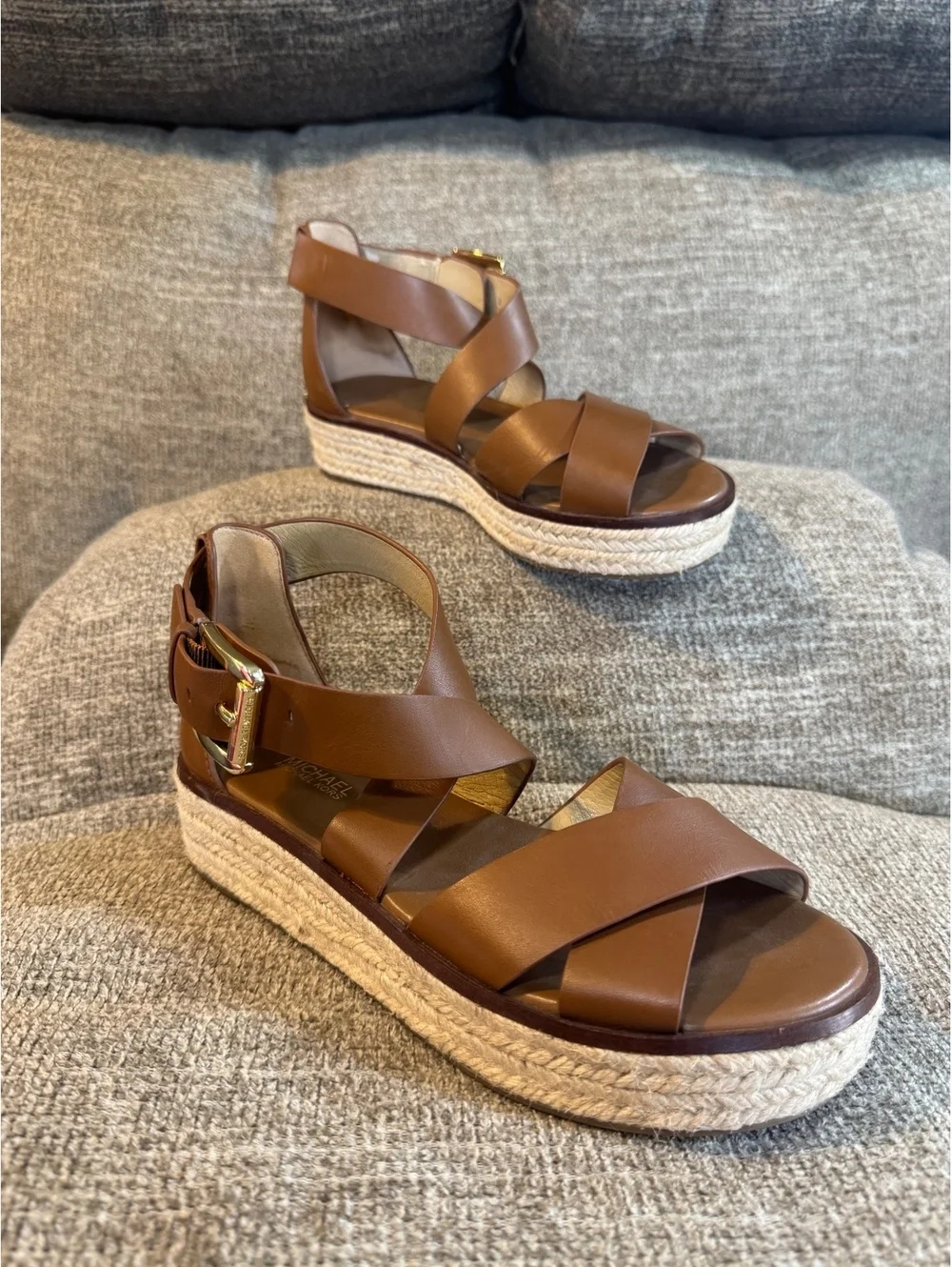 MICHAEL Michael Kors Darby Leather Espadrille Wedge Sandals Brown Size 6M